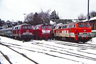 1990-79-011 Winterberg Wintersport-Sonderzüge in Winterberg. V.l.n.r.: 218 136, 215 031, 218 137