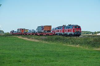 2025-08-18-089 Emmelsbüll Lehnshallig 218 832 (vorne) und 218 366 ziehen einen Autozug nach Niebüll.