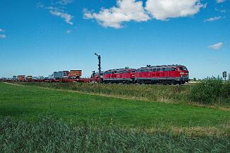2025-08-18-092 Emmelsbüll Lehnshallig 218 832 (vorne) und 218 366 ziehen einen Autozug nach Niebüll.