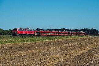 2025-08-18-131 Niebüll Südergotteskogweg 218 366 (vorne) und 218 832 mit Autozug nach Westerland.