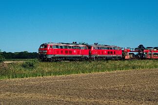 2025-08-18-137 Niebüll Südergotteskogweg 218 366 (vorne) und 218 832 mit Autozug nach Westerland.